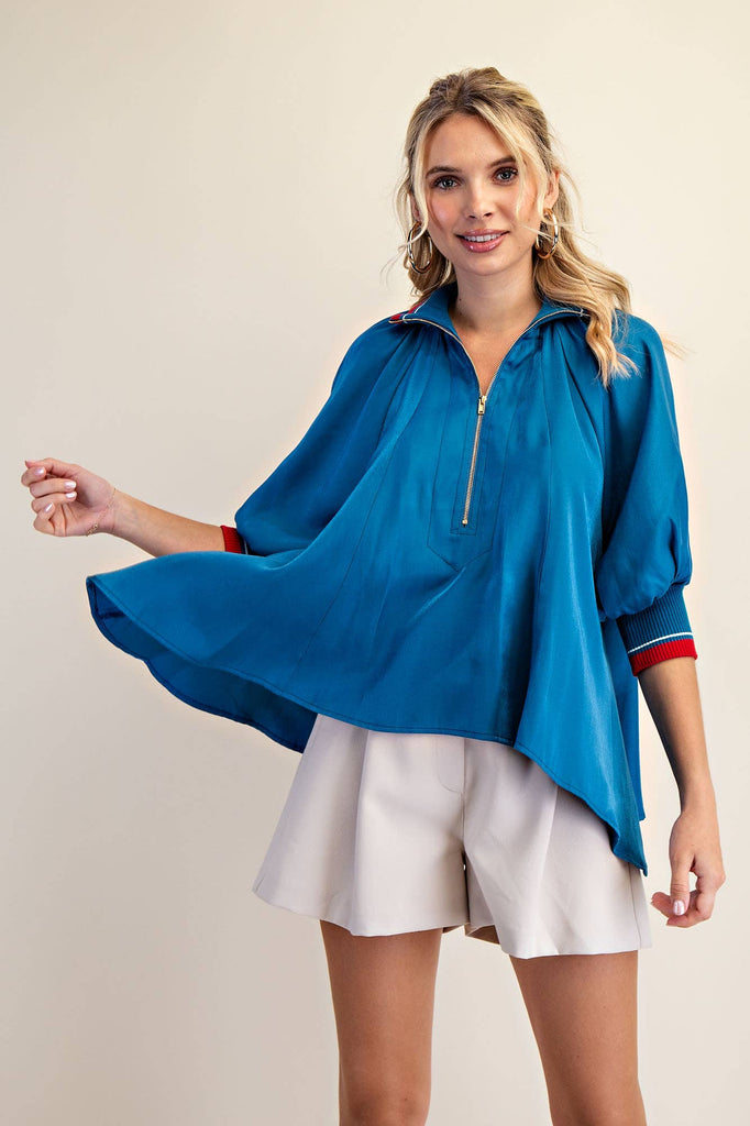 Teal Mock Neck Band Puff Sleeve Blouse - The Edit LLC