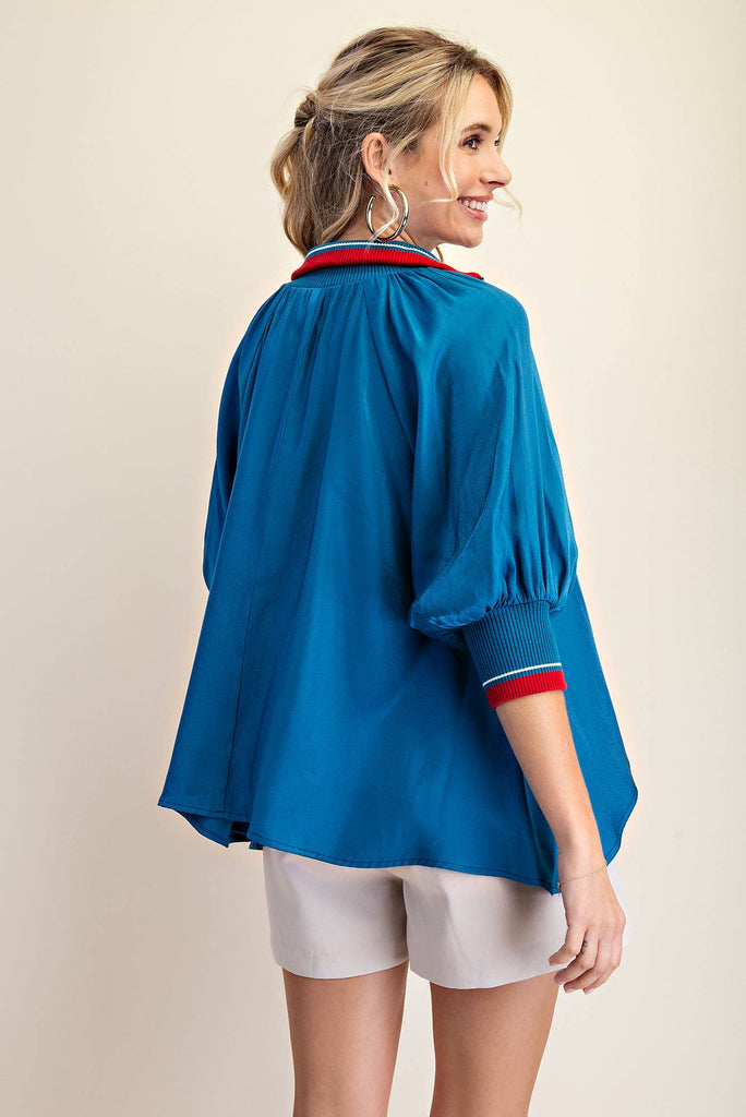 Teal Mock Neck Band Puff Sleeve Blouse - The Edit LLC