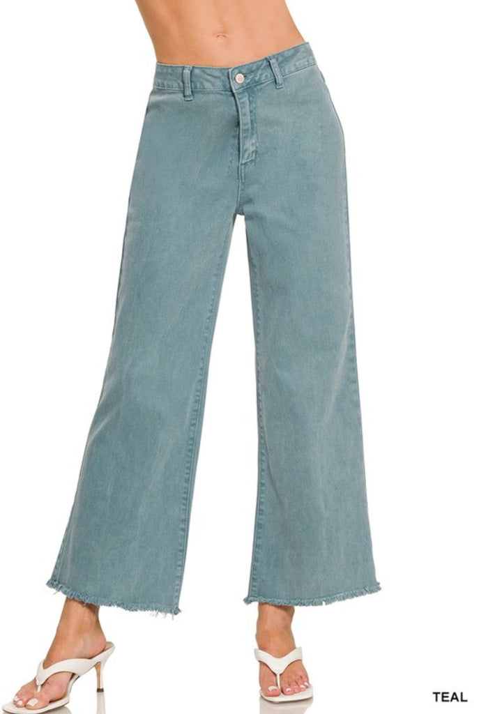 Teal - Want It That Way Frayed Straight Wide Leg Pants - The Edit LLC