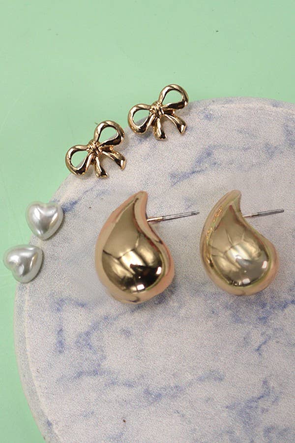 TEARDROP BOW HEART TRIO EARRINGS | 80E3226: Gold - The Edit LLC