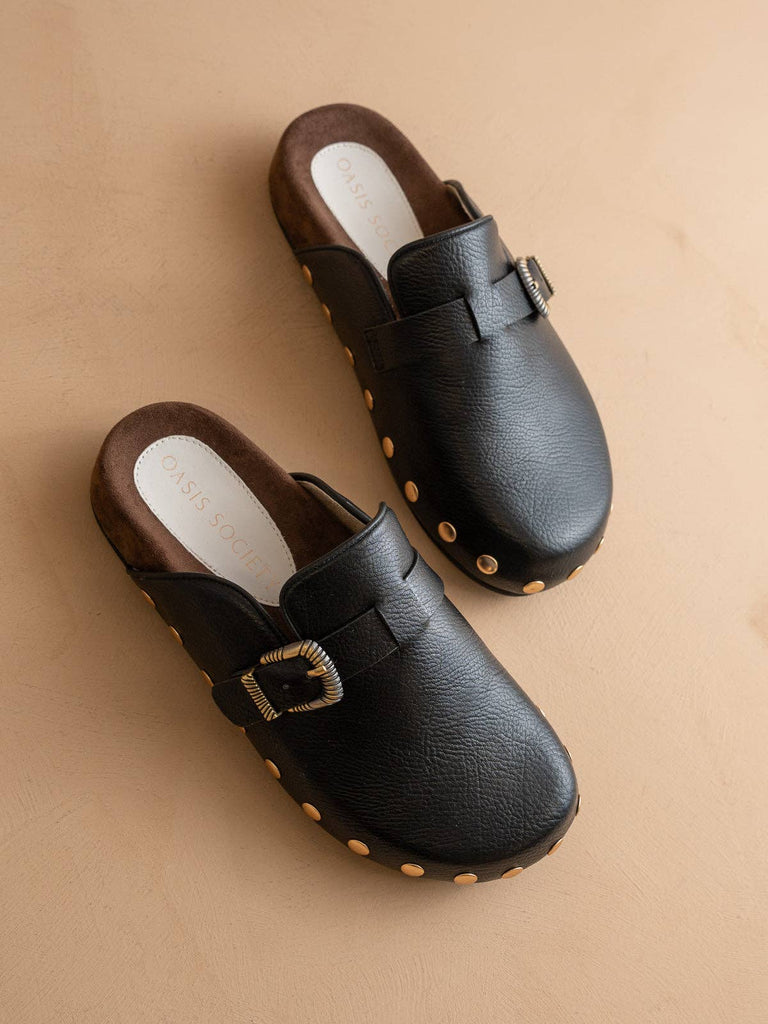 The Toni | Black Studded Buckle Clog: BLACK - The Edit LLC