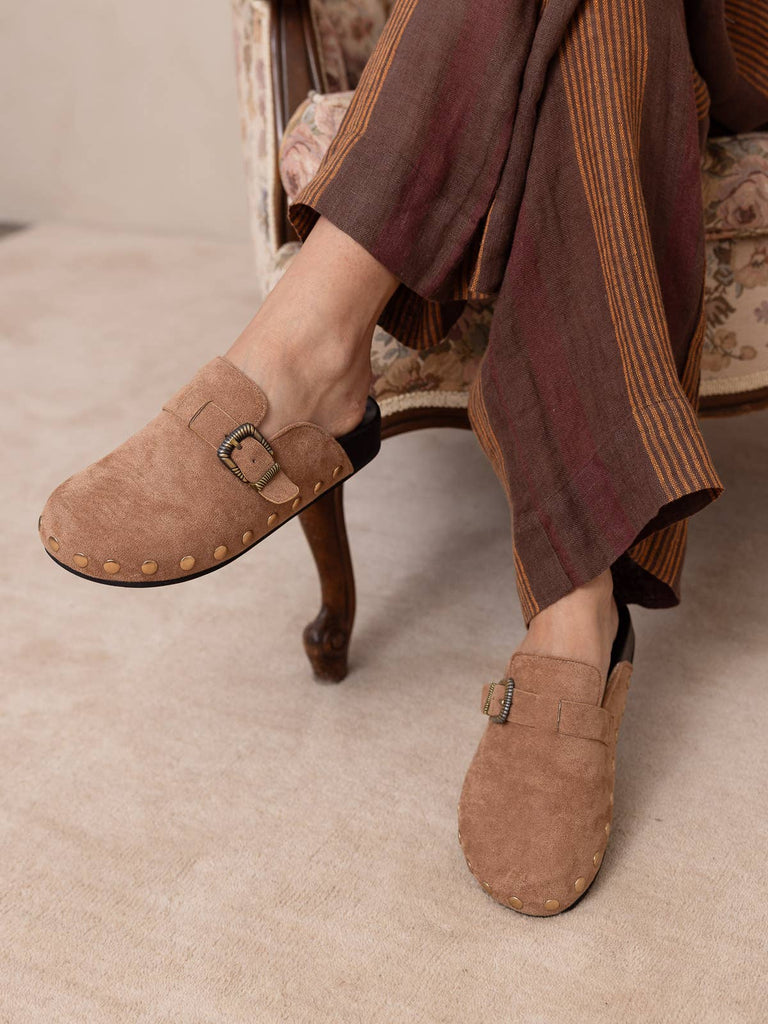 The Toni | Latte Studded Buckle Clog: LATTE - The Edit LLC