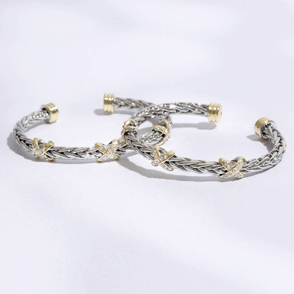 Three CZ X Stations Braided Bangle Bracelet: MULTI / ONE SIZE - The Edit LLC