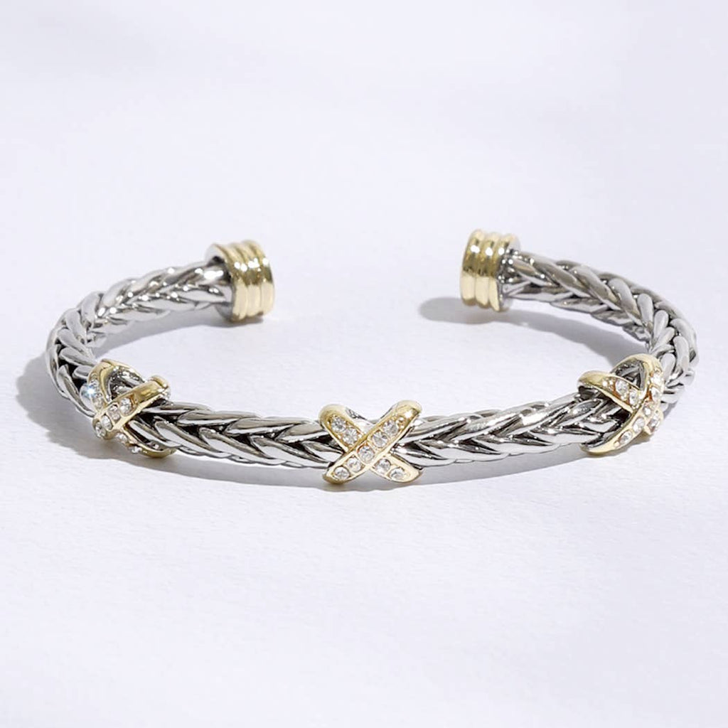 Three CZ X Stations Braided Bangle Bracelet: MULTI / ONE SIZE - The Edit LLC