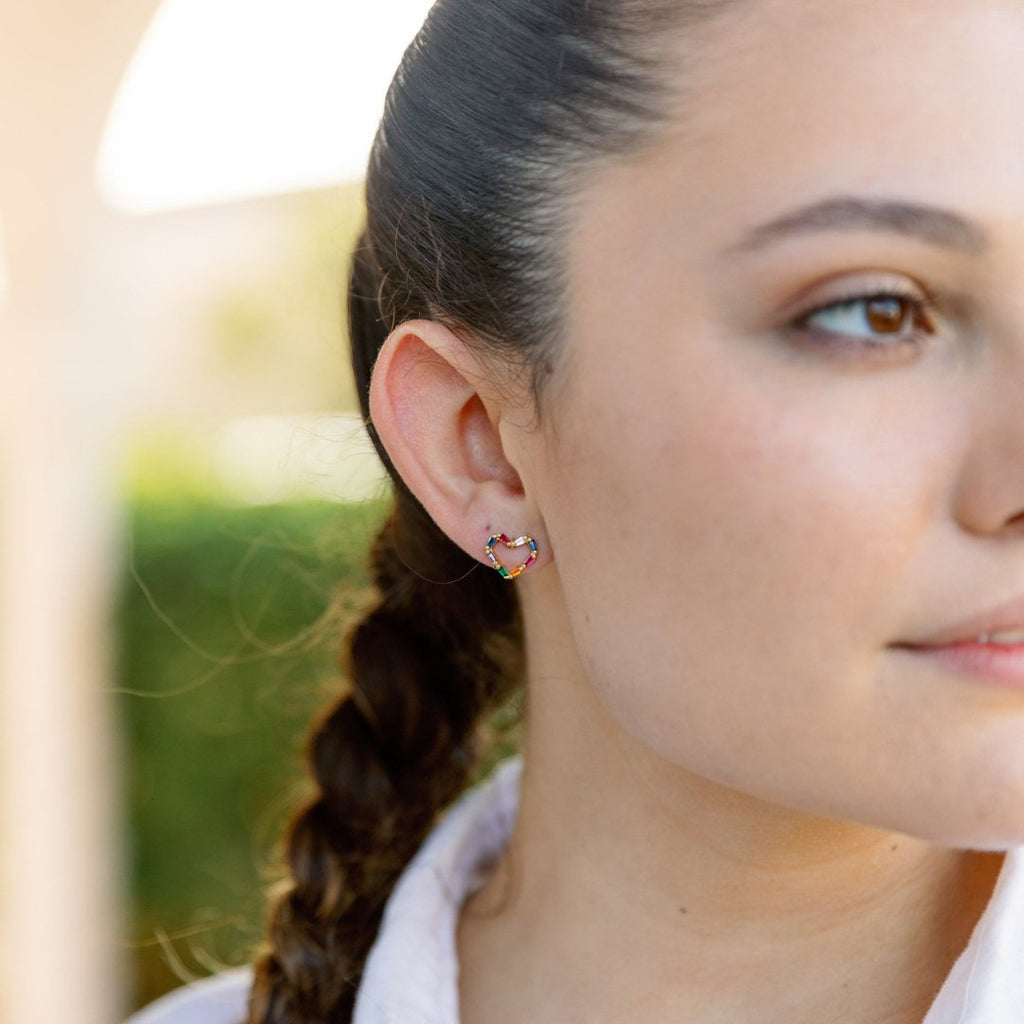 Tiny Colorful Rainbow Rhinestone 18k Gold - Plated Heart Studs - The Edit LLC