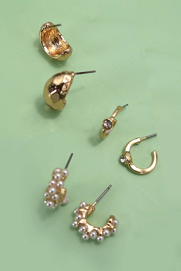 TRIO PEARL DIAMOND CUT HUGGIE HOOP EARRINGS | 80E3935: Gold - The Edit LLC