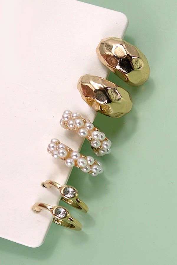 TRIO PEARL DIAMOND CUT HUGGIE HOOP EARRINGS | 80E3935: Gold - The Edit LLC