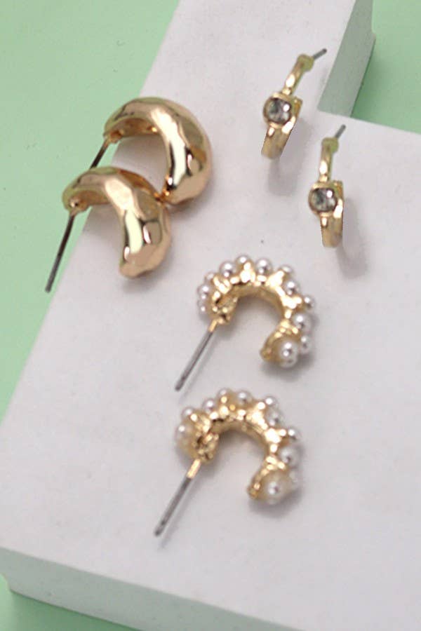 TRIO PEARL DIAMOND CUT HUGGIE HOOP EARRINGS | 80E3935: Gold - The Edit LLC