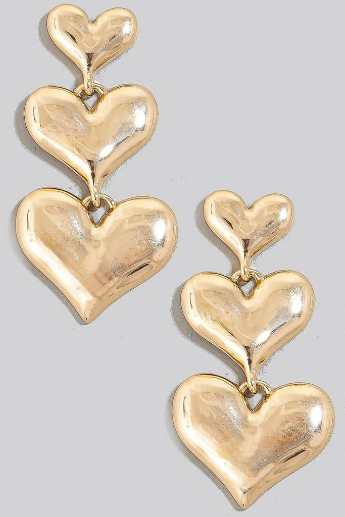 Triple Metallic Heart Chain Dangle Earrings: G - The Edit LLC