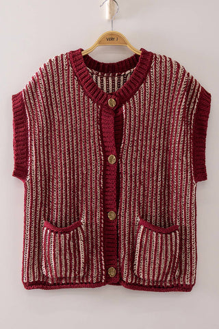 Two-Tone Rib Knit Vest Cardigan: BURGUNDY/CREAM - The Edit LLC