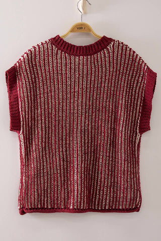 Two-Tone Rib Knit Vest Cardigan: BURGUNDY/CREAM - The Edit LLC
