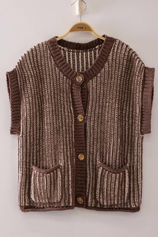 Two-Tone Rib Knit Vest Cardigan: CHOCOLATE/CREAM - The Edit LLC