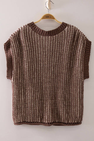 Two-Tone Rib Knit Vest Cardigan: CHOCOLATE/CREAM - The Edit LLC
