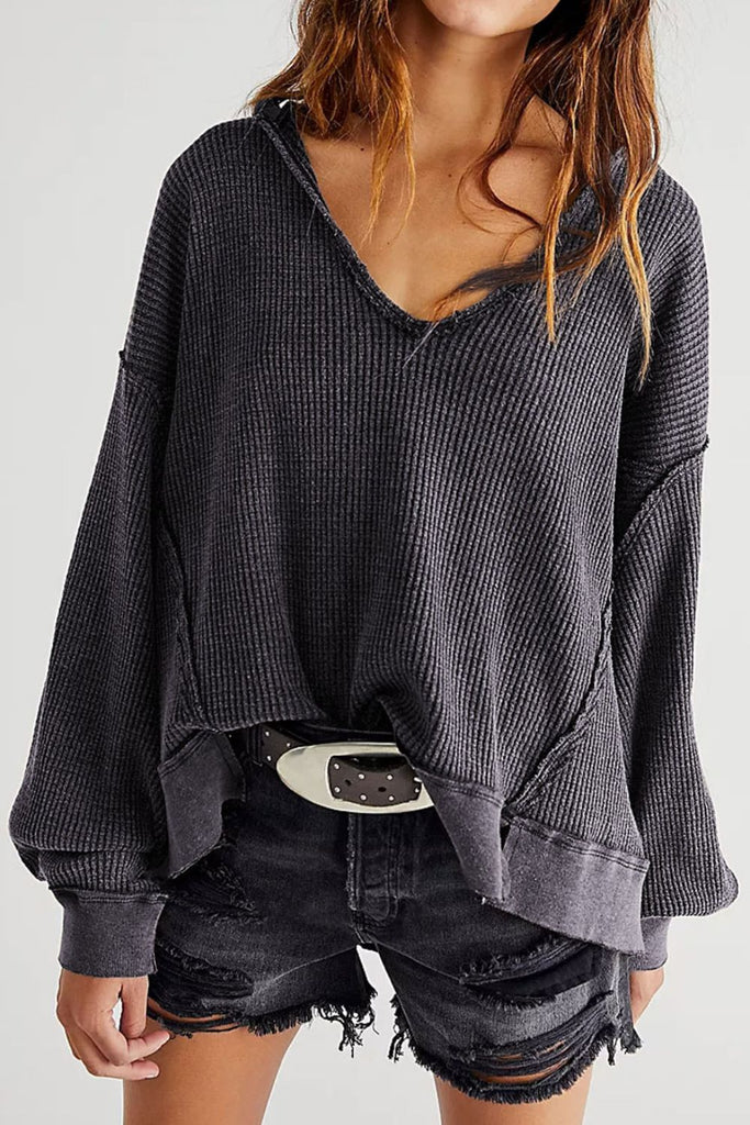 Waffle - Knit Notched Long Sleeve Sweatshirt - The Edit LLC