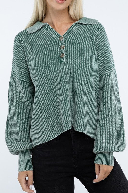 Washed Collared Henley Sweater - The Edit LLC