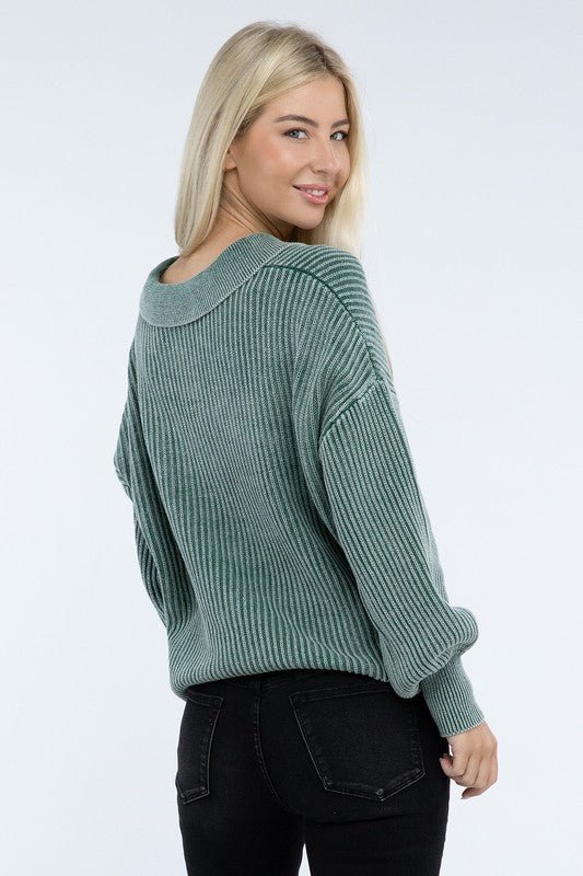 Washed Collared Henley Sweater - The Edit LLC