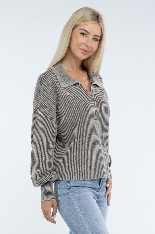 Washed Collared Henley Sweater - The Edit LLC