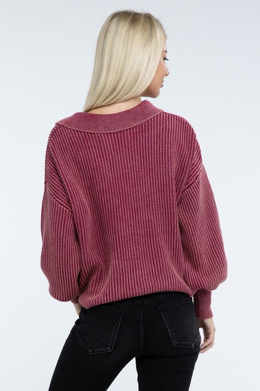 Washed Collared Henley Sweater - The Edit LLC