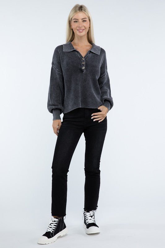 Washed Collared Henley Sweater - The Edit LLC