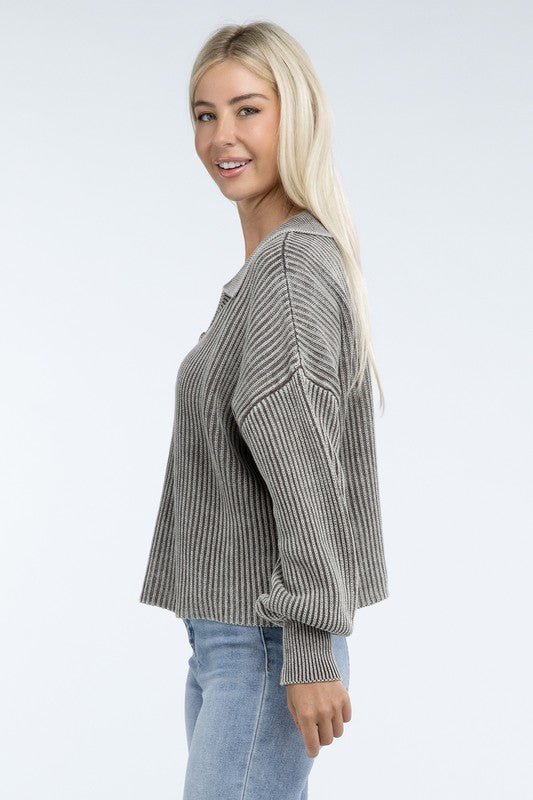 Washed Collared Henley Sweater - The Edit LLC