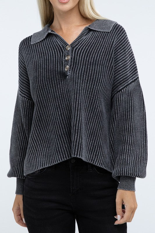 Washed Collared Henley Sweater - The Edit LLC