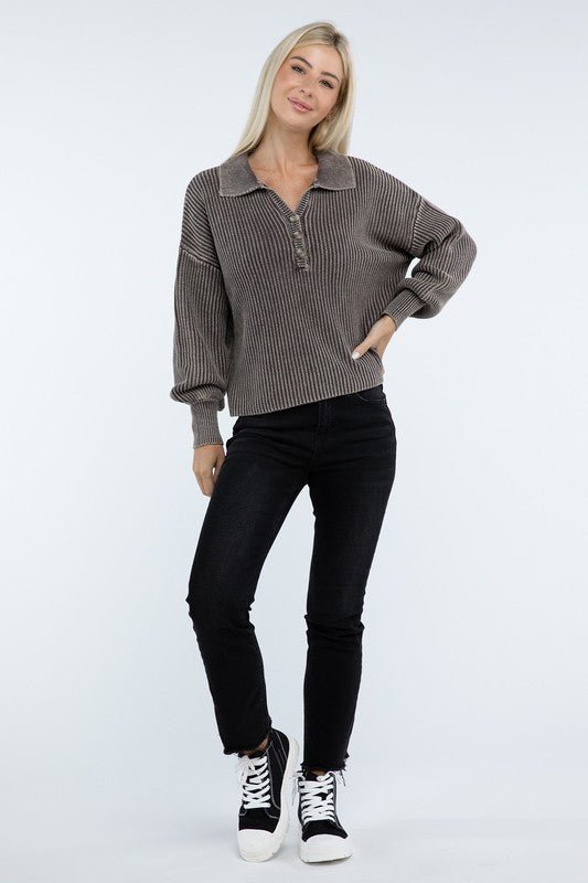 Washed Collared Henley Sweater - The Edit LLC