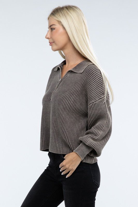 Washed Collared Henley Sweater - The Edit LLC