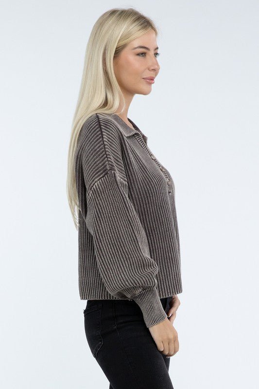 Washed Collared Henley Sweater - The Edit LLC