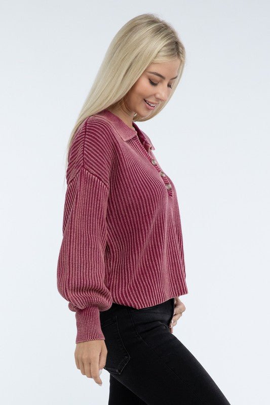 Washed Collared Henley Sweater - The Edit LLC