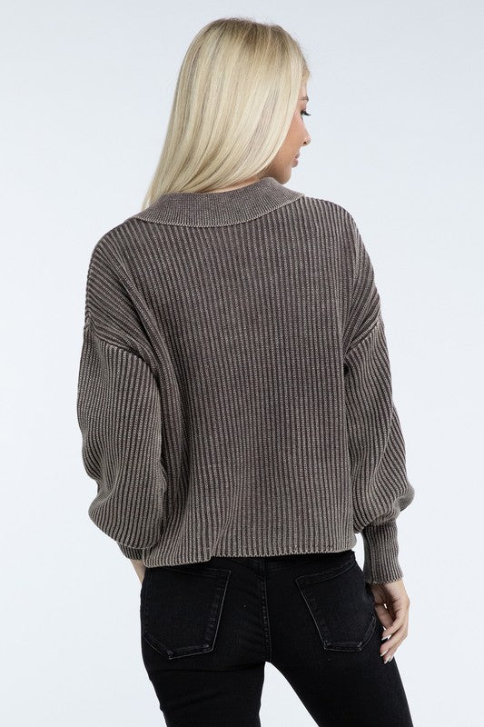 Washed Collared Henley Sweater - The Edit LLC