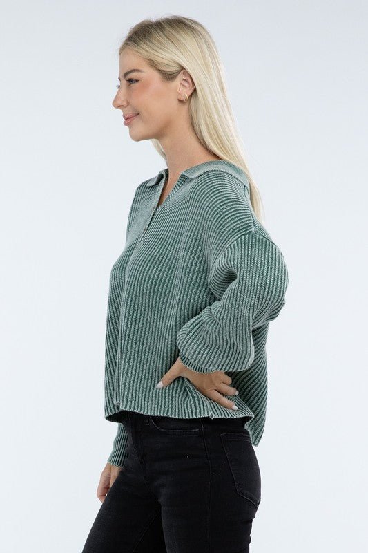 Washed Collared Henley Sweater - The Edit LLC