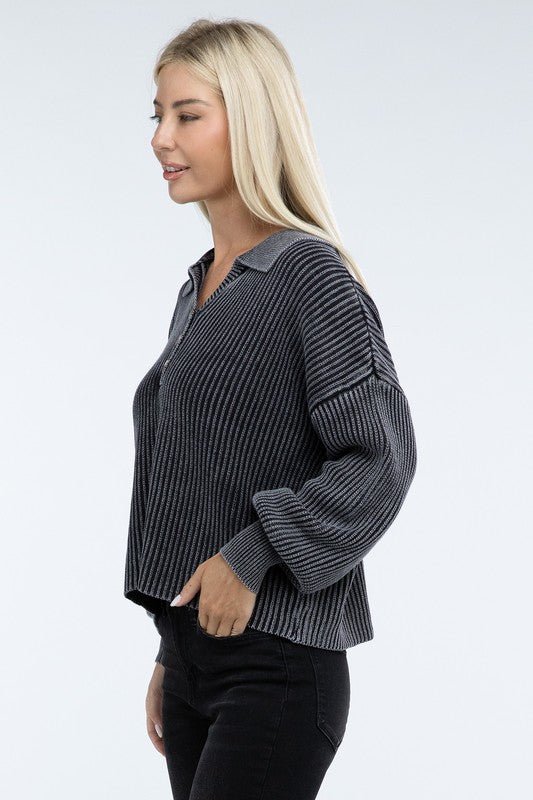 Washed Collared Henley Sweater - The Edit LLC