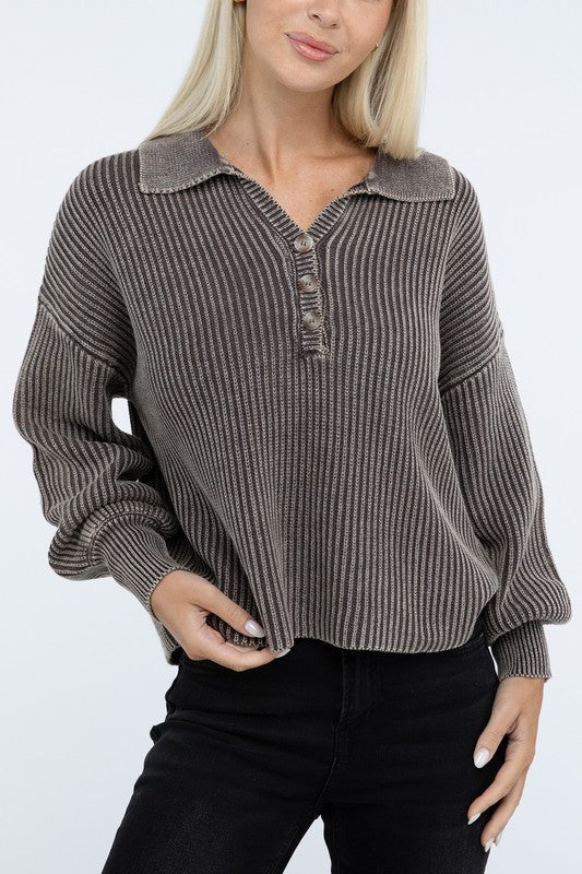 Washed Collared Henley Sweater - The Edit LLC