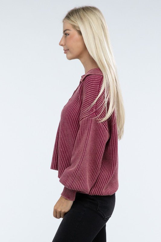 Washed Collared Henley Sweater - The Edit LLC