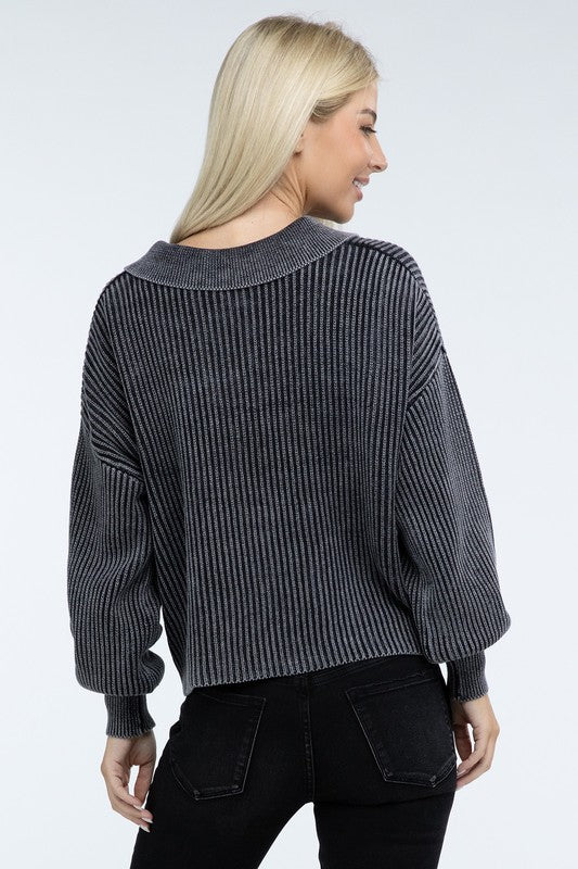 Washed Collared Henley Sweater - The Edit LLC