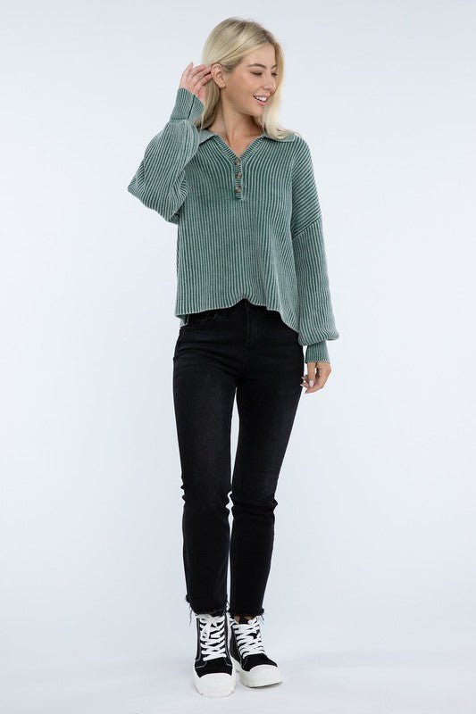 Washed Collared Henley Sweater - The Edit LLC