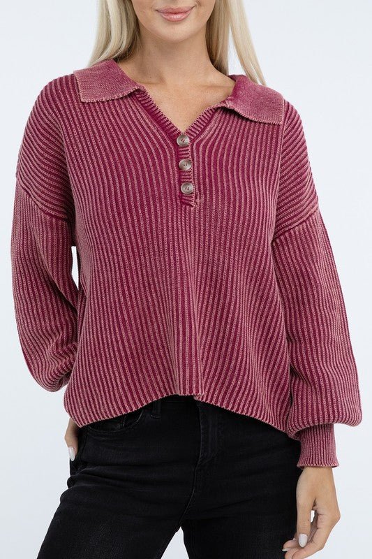 Washed Collared Henley Sweater - The Edit LLC