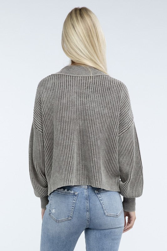 Washed Collared Henley Sweater - The Edit LLC