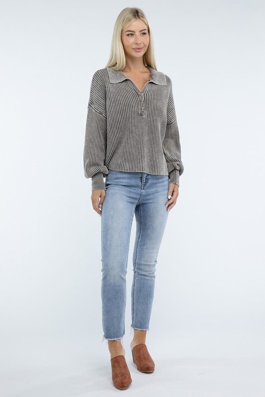 Washed Collared Henley Sweater - The Edit LLC