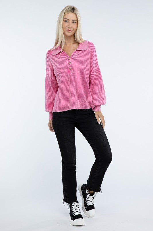 Washed Collared Henley Sweater - The Edit LLC