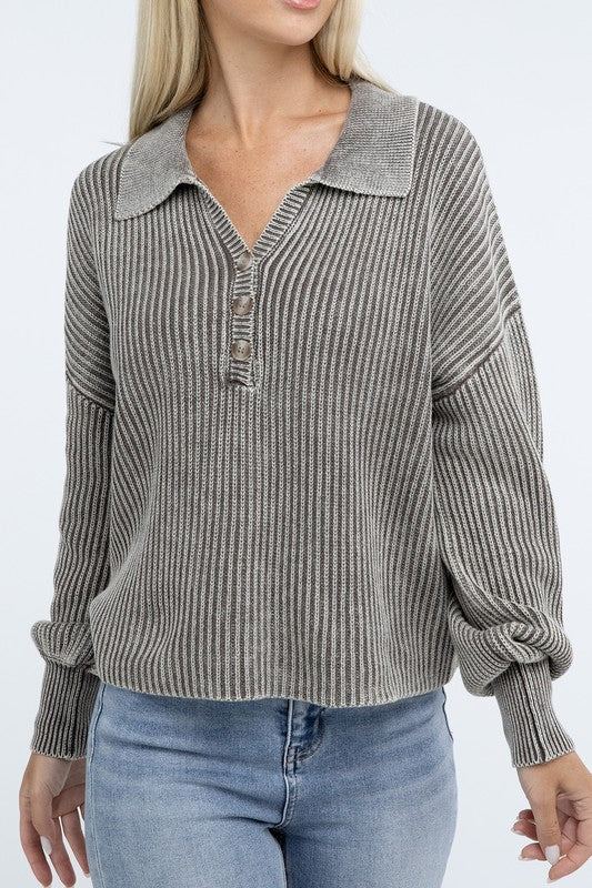 Washed Collared Henley Sweater - The Edit LLC