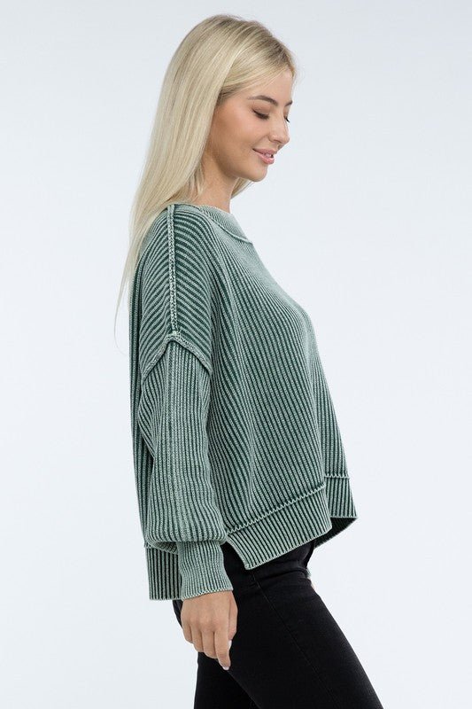 Washed Side Slit Oversized Cropped Sweater - The Edit LLC