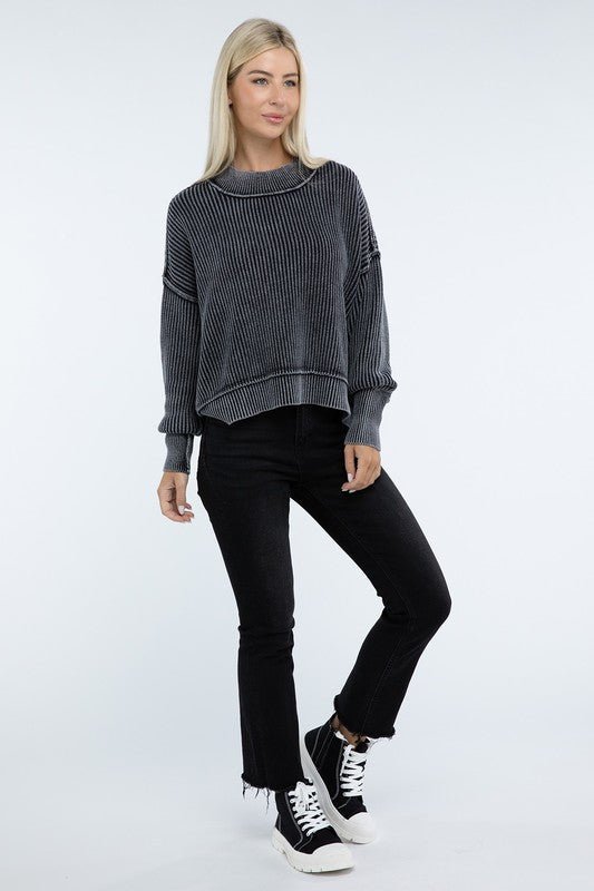 Washed Side Slit Oversized Cropped Sweater - The Edit LLC