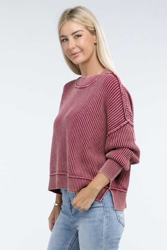 Washed Side Slit Oversized Cropped Sweater - The Edit LLC