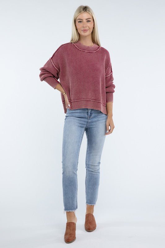 Washed Side Slit Oversized Cropped Sweater - The Edit LLC