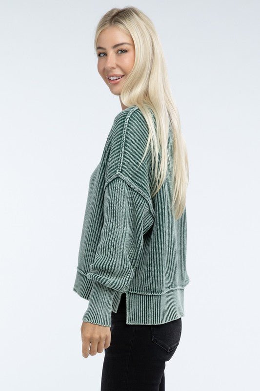 Washed Side Slit Oversized Cropped Sweater - The Edit LLC