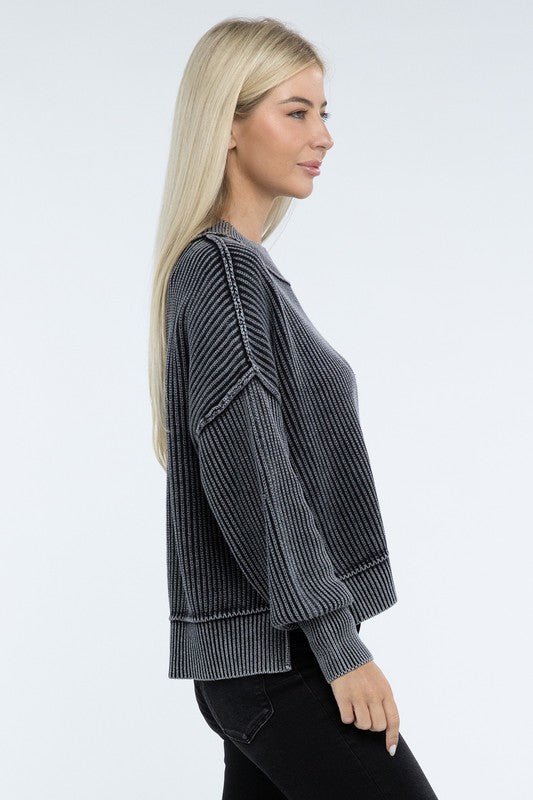 Washed Side Slit Oversized Cropped Sweater - The Edit LLC