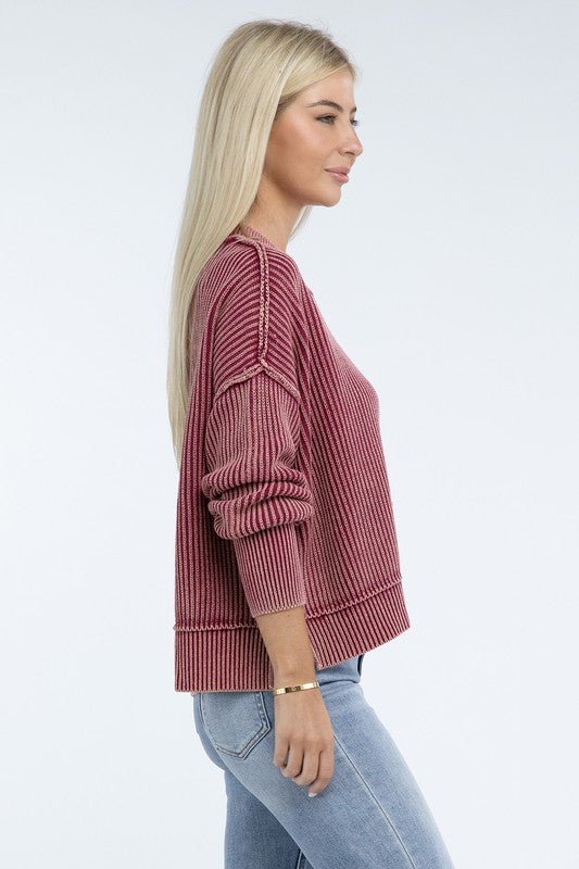 Washed Side Slit Oversized Cropped Sweater - The Edit LLC