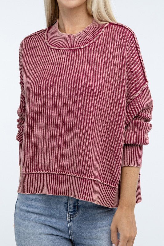 Washed Side Slit Oversized Cropped Sweater - The Edit LLC