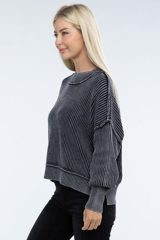 Washed Side Slit Oversized Cropped Sweater - The Edit LLC